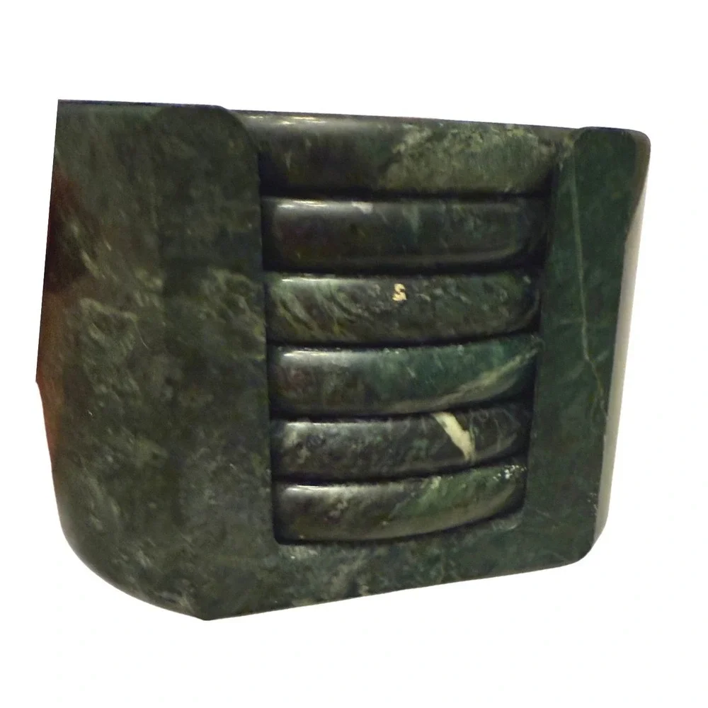 Vintage Dark Green Marble Coaster Set with Cork Inlays and Matching Holder 6pc